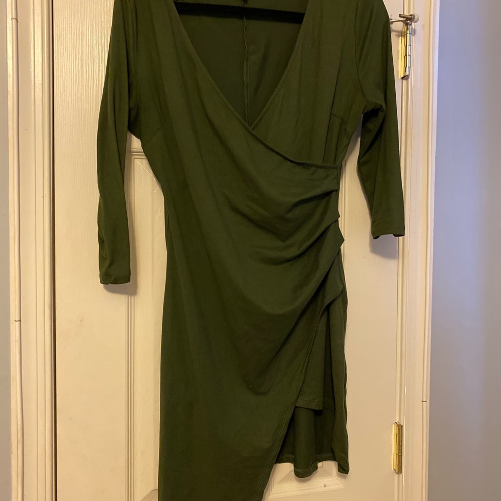 Asymmetric olive green wrap dress